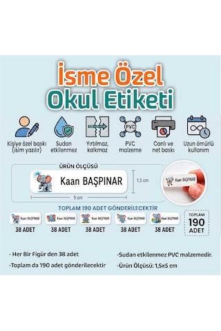 Kapbirhediye Okul Etiketi Isme Özel Kalem Defter Etiketi Fil Temalı 190 Adet Çok Renkli