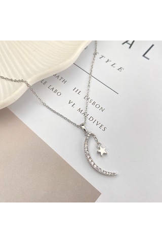 Ay Yıldızlı Kolye Kadın Kolye Zirkon Taşlı 45cm Silver