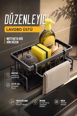 Mutfak Evye Üstü Tezgah Organizer Paslanmaz Metal Süngerlik Sabunluk Bez Askılı Tepsili Düzenleyici Siyah