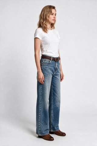 Marsel&leon Marsel Leon Kadın Yüksek Bel Geniş Paça Baggy Jean Pantolon Denim Kumaş Mavi