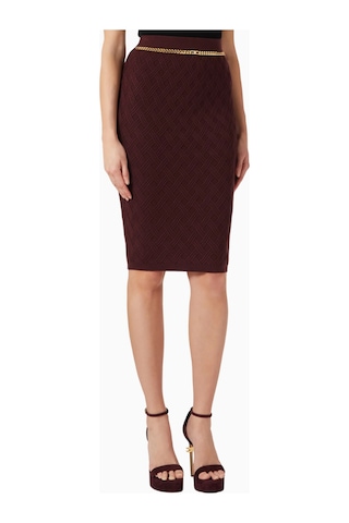 Elisabetta Franchi Dokulu Triko, Zincir Ve Taş Detaylı Lüks Chain Accent Midi Etek Bordo