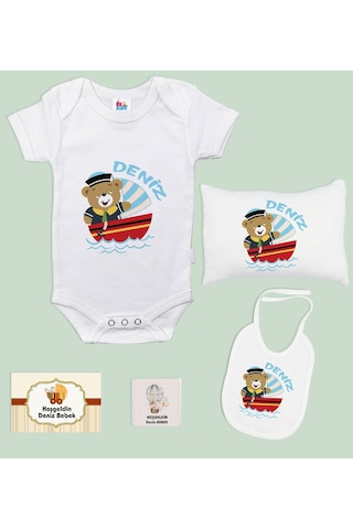 BK Kids Kişiye Özel İsimli 5 Parça Beyaz Bebek Body Zıbın Yastık