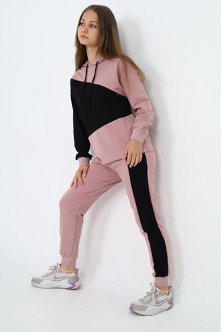 Kız Çocuk %100 Pamuk Garnili Kapüşonlu Uzun Kol Alt&üst Eşofman Takım-eşt-0018 Pudra