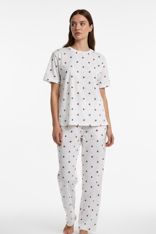 Kompedan Kadın Bisiklet Yaka Yumuşak Dokulu Kiraz Desenli Kısa Kol Pijama Takım 70132-4745 Ekru