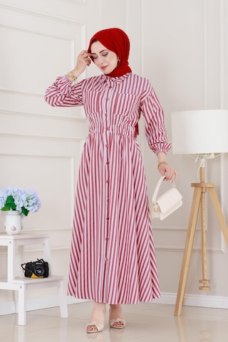 Sevitli Çizgili Cepli Tesettür Elbise-bordo-5133 Bordo