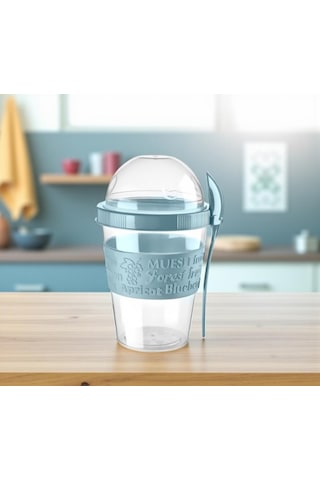 Titiz 600 Ml Kaşıklı Yoğurt & Müsli Kabı - Taşınabilir Kase - Açık Mavi Çok Renkli