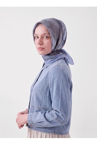 Ayshara Şakayık Çiçek Desenli Çift Taraflı Eşarp Buz Mavisi