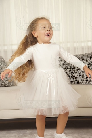 Tüllü Baskısız Düz Üst Kısım Ribana Alt Kısım Astarlı Tütü Etek Kız Çocuk Prenses Uzun Kollu Elbise Uzun-beyaz Beyaz