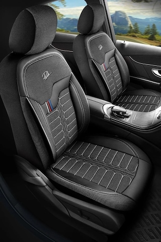 Siyah - Gri Panda Londra Serisi İngiliz Jakar Kumaş Oto Koltuk Kılıfı - Tam Set