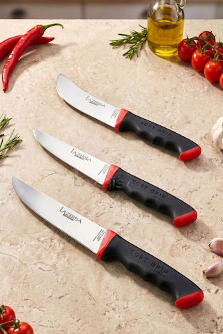 Lazbisa Mtf-051 Soft Grip Mutfak Bıçak Seti Et Ekmek Sebze Bıçağı 3 Lü Set Günlük Kullanım Kırmızı - Siyah