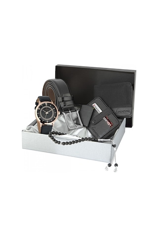 Forentina Siyah Kemer Cüzdan Kartvizit Saat Çakmak Kombin Set Ps