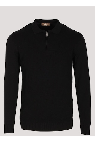 Erkek Polo Yaka Triko Siyah Slim Fit Yarım Fermuarlı Balık Sırt Desenli Pamuklu Kazak Ncs Jeans 3006-siyah Siyah