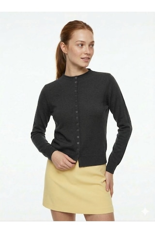 Kadın Acı Kahve Slim Fit Dar Kesim Düğmeli Bisiklet Yaka Triko Hırka Antrasit