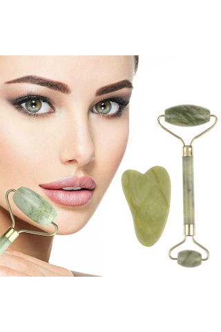Buffer Çift Taraflı 2li Cilt Yüz Masaj Aleti Jade Roller Yeşim Taşı Seti