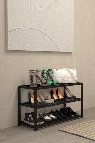 Aju Ayakkabılık Geniş Metal Modern Tasarım 3 Katlı Ayakkabı Rafı Dolabı Açık Vestiyer Siyah