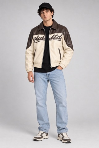 Maison Rae Erkek Krem, İçi Kürklü, Çift Renkli, Yazı Detaylı,oversize Suni Deri Bomber Ceket