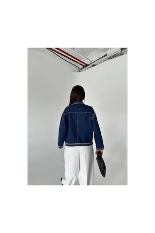Zdnjeans Kadın Droplu Detaylı Denim Ceket Blazer Yaka, Cep Detaylı Koyu Mavi