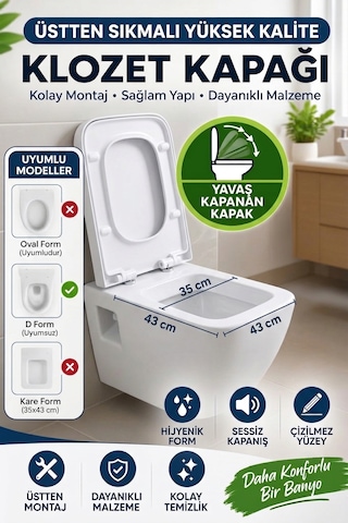 Kare Form Klozet Kapağı 35x43 Cm Soft Close Yavaş Kapanır Üstten Sıkmalı Beyaz
