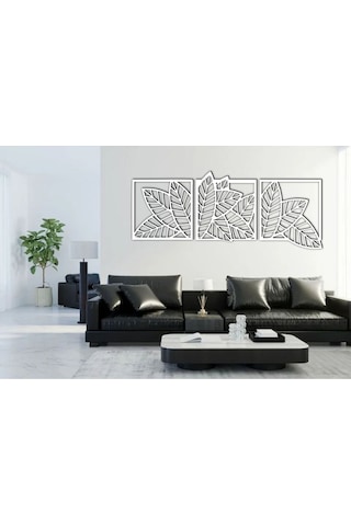 Yaprak Model 3 Lü Dekor Ahşap Duvar Süs Tablo Beyaz Renk 147x52 Cm