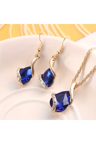 Moda Zirkon Taşlı İşlemeli Kolye, Küpe Set, Sevgililer Günü Mavi