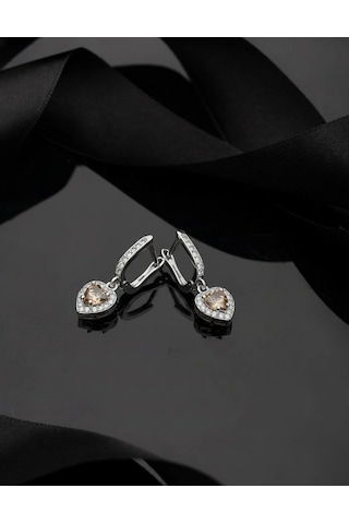 925 Ayar Sitrin Taşlı Rodyum Pırlanta Işıltılı Sallantılı Kalp Gümüş Küpe Gümüş