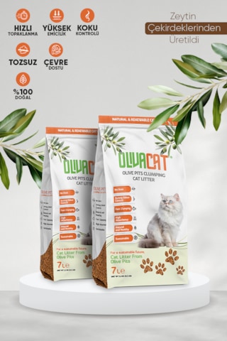 Olivacat Zeytin Çekirdeğinden Üretilen Doğal Tozsuz Kedi Kumu 2 x 7 L