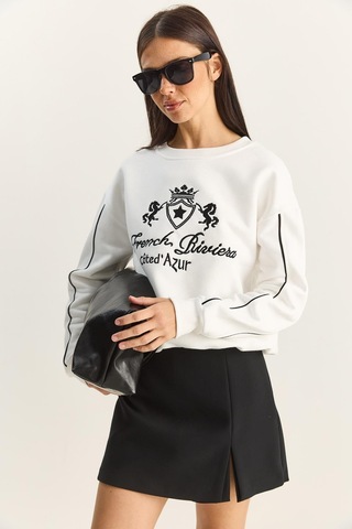Shade Kadın Bisiklet Yaka Nakış İşlemeli Üç İplik Şardonlu Sweatshirt 60601049 - Ekru