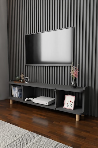 150 Cm Modern Tv Ünitesi Ayaklı Raflı Salon Oturma Odası Dekoratif Televizyon Sehpası Tv Sehpası Antrasit