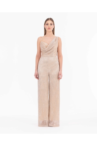 Degaje Yaka Tam Boy Askılı Abiye Tulum-gold Gold