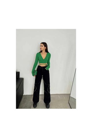 Kene Jeans Yüksek Bel Bacak Yıldızlı Bol Paça Jeans Siyah