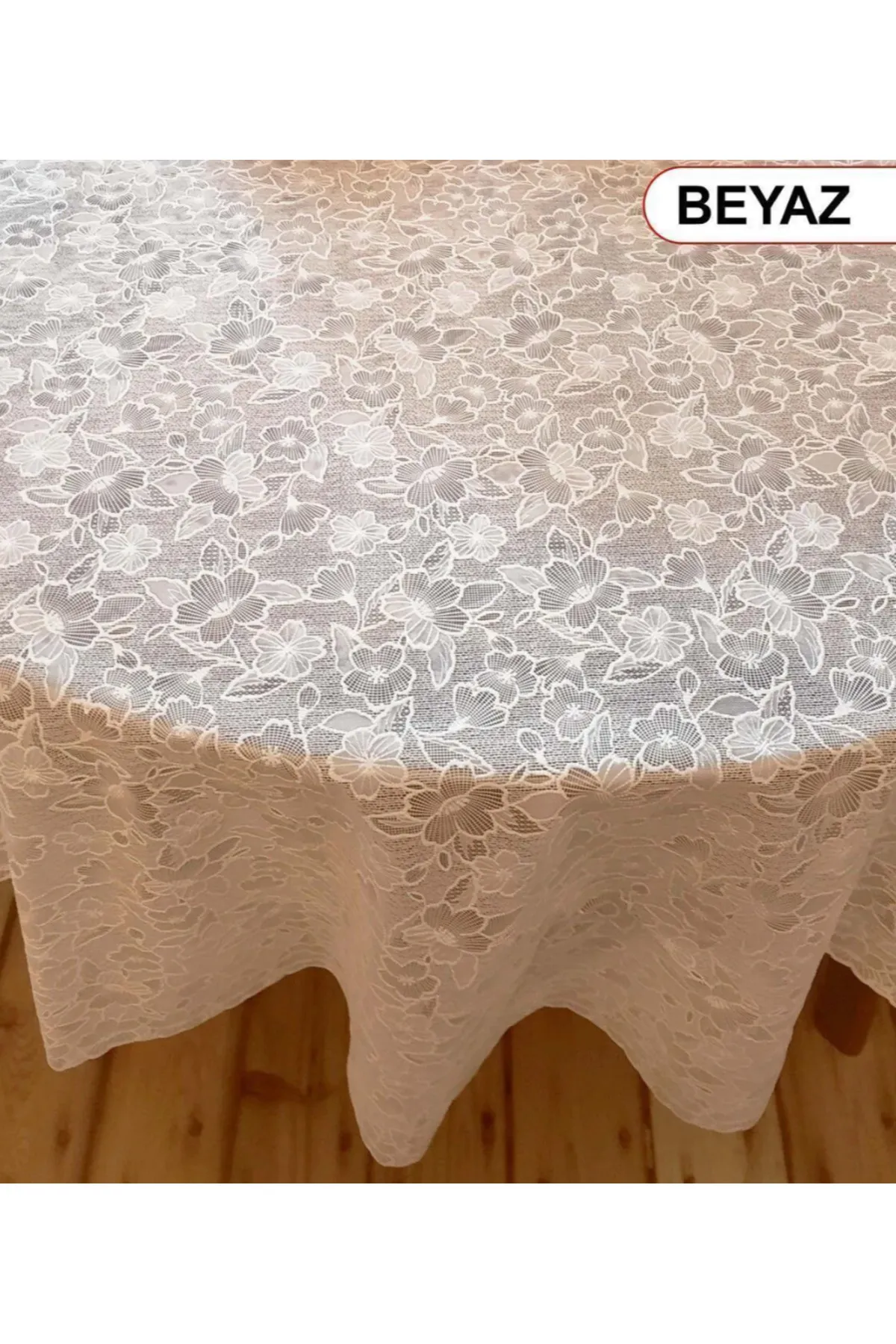 Yuvarlak Dantel Görünümlü Pvc Muşamba Mutfak Masa Örtüsü Sıvı Geçirmez Silinebilir /ebat: 150 Cm Beyaz