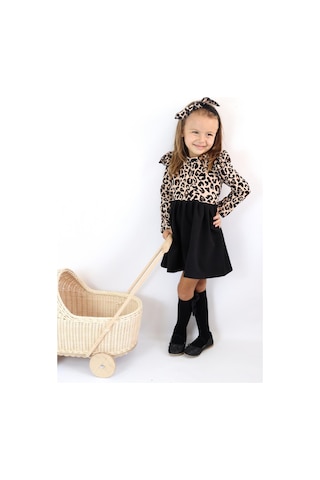 Kız Çocuk Leopar Desenli Uzun Kollu Fırfırlı Elbise Bandana Takım Elb-0059 Siyah