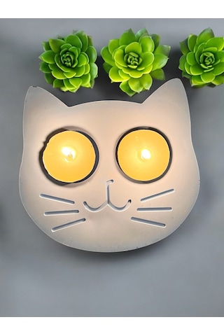 Mavi Kedi Şekilli Beton Mumluk - El Yapımı Dekoratif Çay Işığı Tealight Mumluk - Minimalist Kedi Tem Mavi