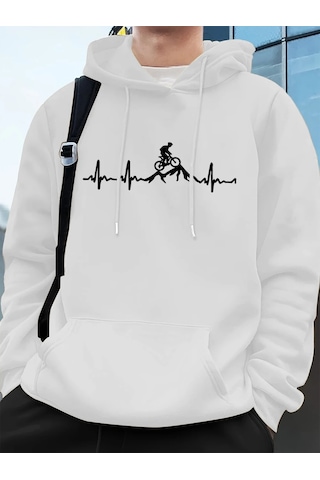 Tarzsokak Ecg Bisiklet Off-road Baskı Erkek Kış Cep Kapşonlu Sweat Beyaz