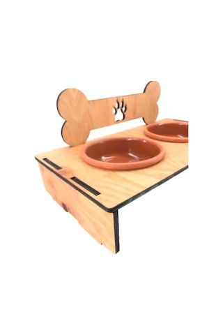 Ahşap Standlı 2'li Seramik Köpek Mama ve Su Kabı