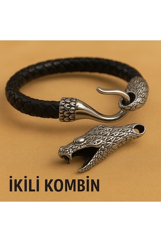 Sevgiliye Hediye Erkek Takı Seti İkili Kombin Deri Bileklik Ve Yılan Başlı Çelik Kolye Çelik