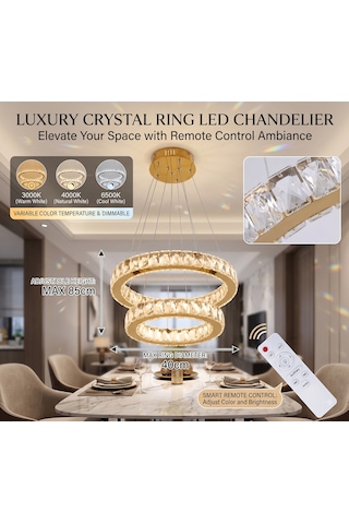 Ala Lighting Plaket Kristal Taş İşlemeli Gold Paslanmaz 2 Halka Led Avize Kumandalı Modern Sarkıt Avize Altın - Gold