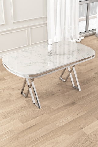 Canisa Zae Serisi 90x168 Lak Panel Beyaz Mermer Desen Krom Ayak Masa Takımı 6 Cappucino Sandalye Masa Beyaz Mermer Desen Sandalye Cappucino