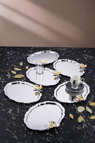 6 Adet Oval Kelebek Aksesuarlı Kahve-çay Servis Ve Sunum Tepsisi