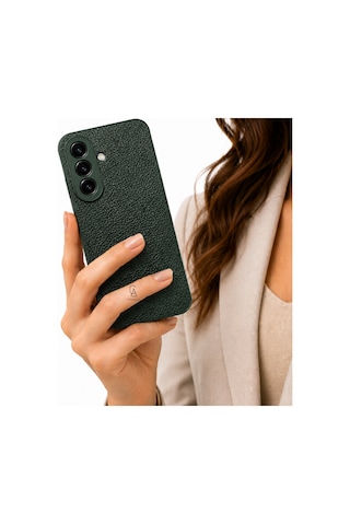 Samsung Galaxy A27 Uyumlu Deri Dokulu Silikon Telefon Kılıfı Ve Şeffaf Temperli Cam Ekran Koruyucu Koyu Yeşil