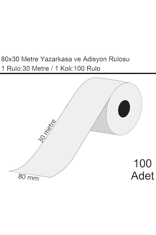 80x30 Metre Termal Yazarkasa Ve Adisyon Rulosu 1 Koli:100 Adet Rulo
