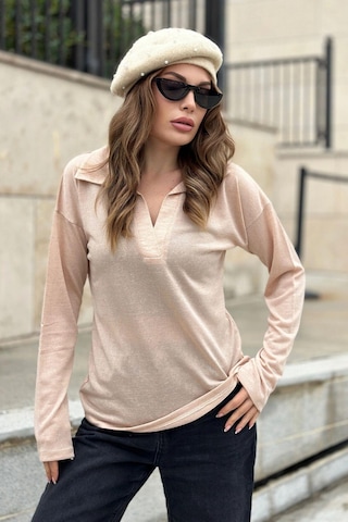 WeShaya Kadın Bej Basic Stil Polo Yaka Uzun Kollu Keten Bluz Sweatshirt Bej