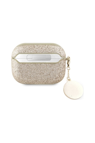Apple Uyumlu AirPods Pro 2 Kılıf Guess Lisanslı Glitter Elmas Kalp Süs Zincirli Gold