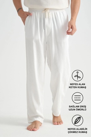 Redline Luxe Erkek Baggy Keten Karışımı Rahat Pantolon Bol Paça Yeni Sezon Beyaz