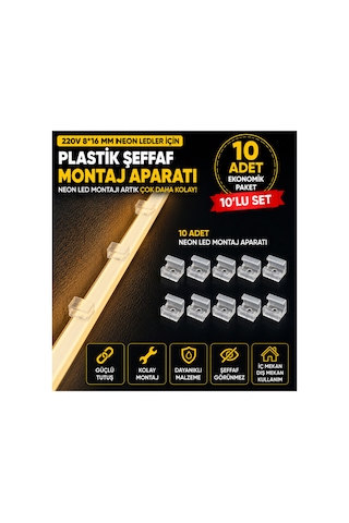 10 Adet Neon Led Tutucu Klips 1 Vidalı Duvar Aparatı,bağlantı Montaj Aparatı,kroşe,plastik Şeffaf Montaj Aparatı