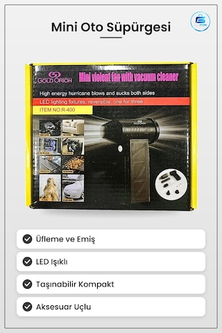 Mini Oto Süpürgesi Üflemeli Emişli Araç İçi Temizlik Led Işıklı T