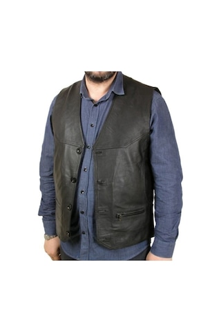 Hakiki Deri Siyah Oscar Düğmeli Erkek Deri Yelek Siyah