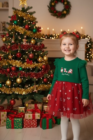 Kız Çocuk Snowman And Penguın Tüllü Yılbaşı Elbise Nbk-24915 Yeşil