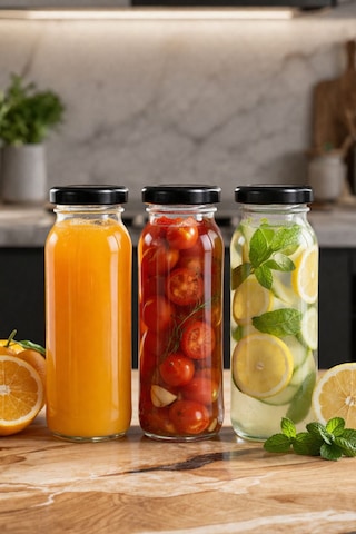 Cam Şişe 250 Ml 6 Lı Kapaklı Meyve Suyu, Smoothie, Limonata, Detoks, Mini Kavanoz