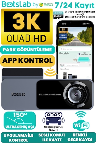 360+ Botslab Hk50 Wi-fi 1620p 150° Ultra Geniş Açı Gece Görüşlü Akıllı Araç Içi Kamera (2024)
